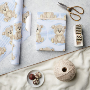 Teddy Bear Blue Pattern Watercolor Baby Boy Shower Wrapping Paper