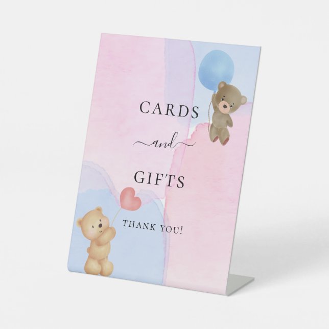 Teddy bear blue pink gender reveal cards gifts pedestal sign (Front)