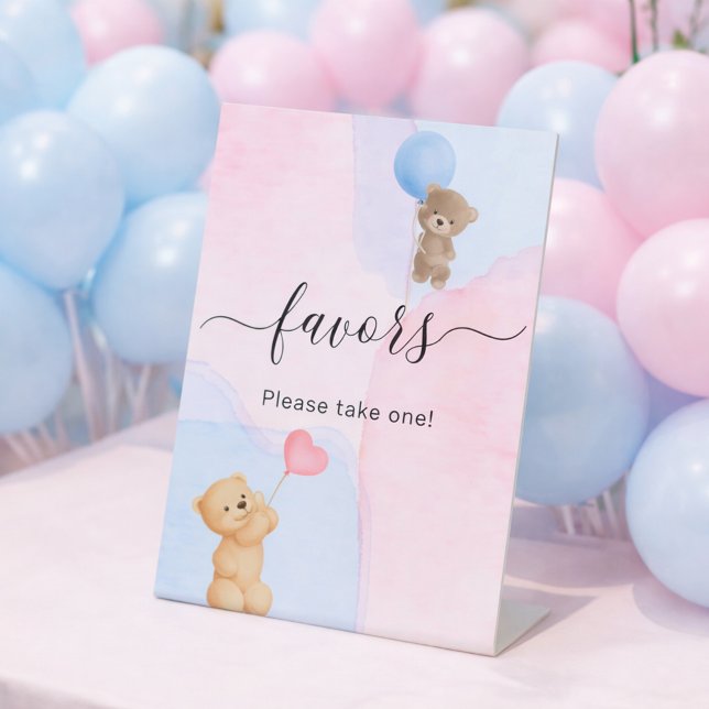 Teddy bear blue pink gender reveal favour pedestal sign (Creator Uploaded)