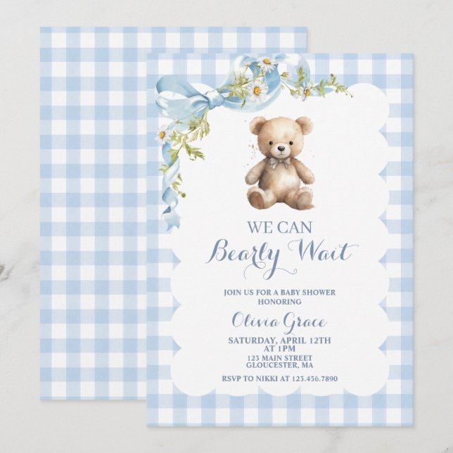 Teddy Bear Blue Plaid Baby Shower Invitation (Front/Back)