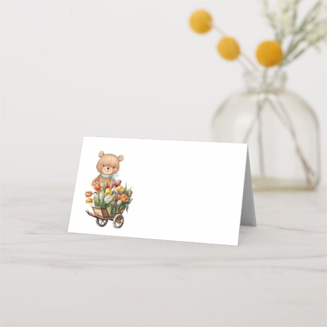 Teddy Bear Blue Rustic Floral Place Card (Back)