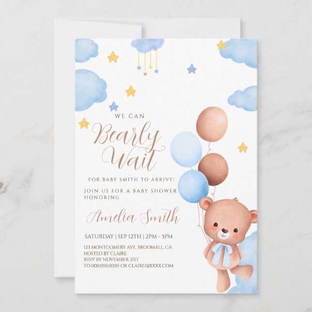 Teddy Bear Blue Tan Balloons Baby Shower  Invitation (Front)