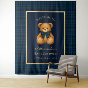 Teddy Bear Blue Tartan Preppy Baby Shower Backdrop Tapestry