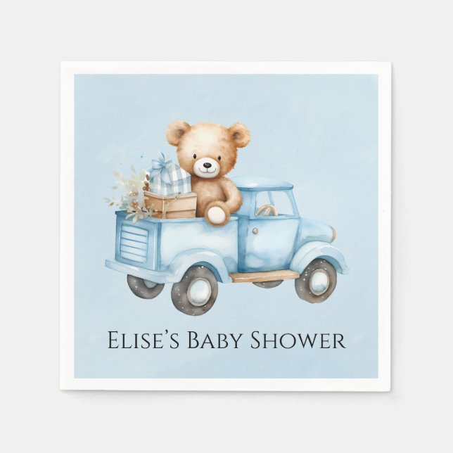Teddy Bear Blue Vintage Truck Baby Shower Napkin (Front)