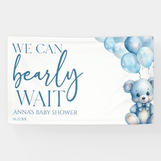Teddy Bear Blue We Can Bearly Wait Baby Shower Banner (Horizontal)