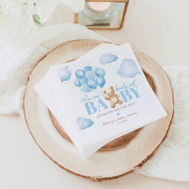 Teddy bear blue we can bearly wait baby shower napkin (Creator Uploaded)