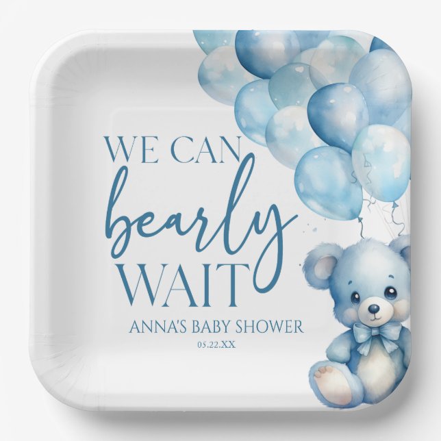 Teddy Bear Blue We Can Bearly Wait Baby Shower Paper Plate (Front)