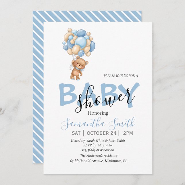 teddy bear blue white invitations (Front/Back)