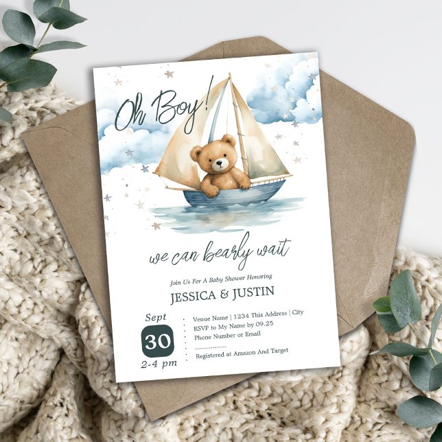 Teddy Bear Boat Baby Shower Invitation (Creator Uploaded)