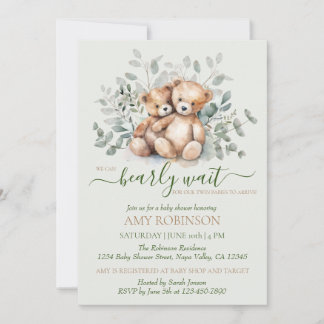 Teddy Bear Boho Twin Gender Neutral Baby Shower Invitation