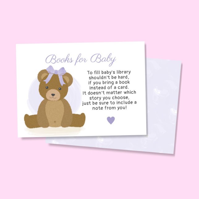 Teddy Bear Books for Purple Baby Girl Baby Shower Enclosure Card (Creator Uploaded)