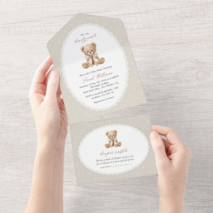 Teddy Bear, Bow, Beige Polka Dots, Baby Shower All In One Invitation