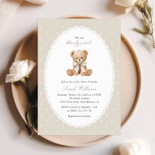 Teddy Bear, Bow, Beige Polka Dots, Baby Shower Invitation