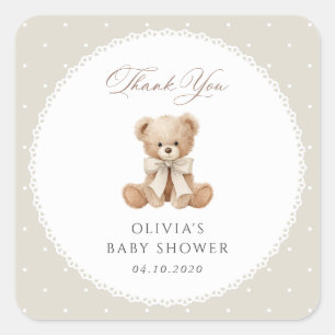 Teddy Bear, Bow, Beige Polka Dots, Baby Shower Square Sticker