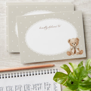 Teddy Bear, Bow, Beige Polka Dots, First Birthday Envelope