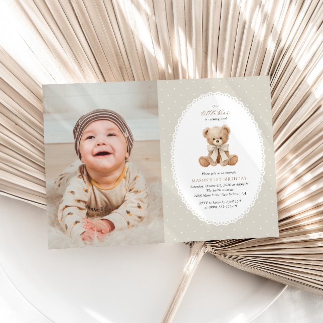 Teddy Bear, Bow, Beige Polka Dots, First Birthday Invitation (Creator Uploaded)