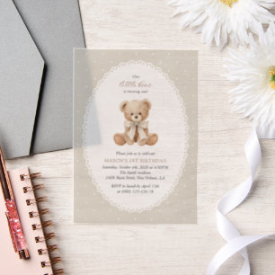 Teddy Bear, Bow, Beige Polka Dots, First Birthday Vellum Invitations