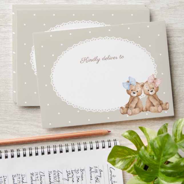 Teddy Bear, Bow, Beige Polka Dots, Gender Reveal Envelope (Stacked)