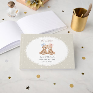 Teddy Bear, Bow, Beige Polka Dots, Gender Reveal Guest Book