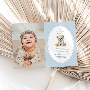 Teddy Bear, Bow, Blue Polka Dots, First Birthday Invitation