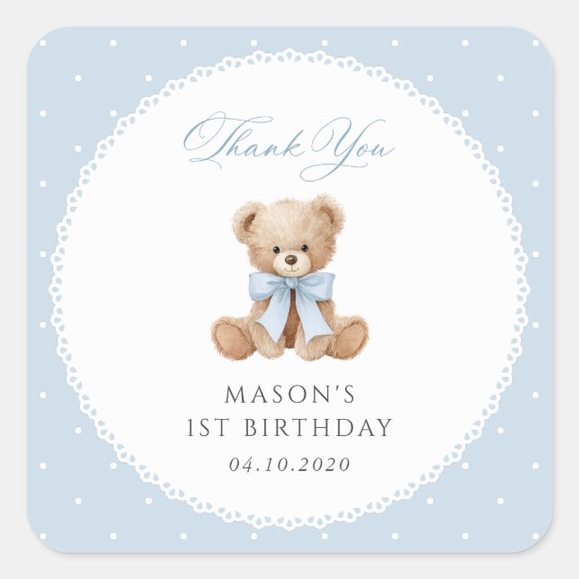 Teddy Bear, Bow, Blue Polka Dots, First Birthday Square Sticker (Front)