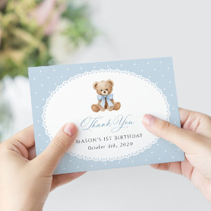 Teddy Bear, Bow, Blue Polka Dots, First Birthday Thank You Card