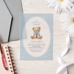 Teddy Bear, Bow, Blue Polka Dots, First Birthday Vellum Invitations