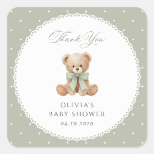 Teddy Bear, Bow, Green Polka Dots, Baby Shower Square Sticker