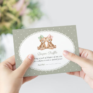 Teddy Bear, Bow, Green Polka Dots, Diaper Raffle Enclosure Card