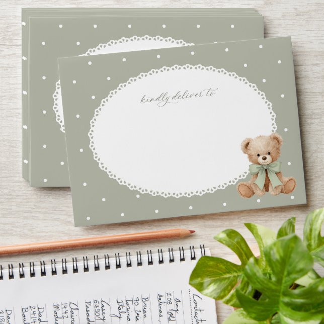 Teddy Bear, Bow, Green Polka Dots, First Birthday Envelope (Stacked)