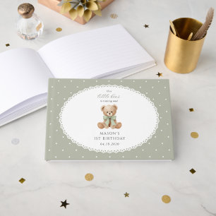 Teddy Bear, Bow, Green Polka Dots, First Birthday Guest Book
