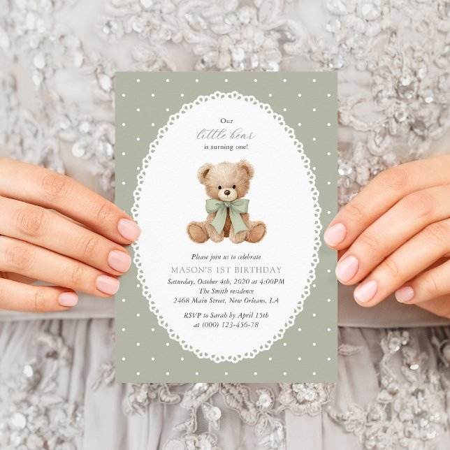 Teddy Bear, Bow, Green Polka Dots, First Birthday Invitation (Creator Uploaded)