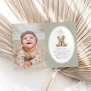 Teddy Bear, Bow, Green Polka Dots, First Birthday Invitation