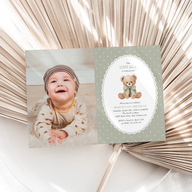 Teddy Bear, Bow, Green Polka Dots, First Birthday Invitation (Creator Uploaded)