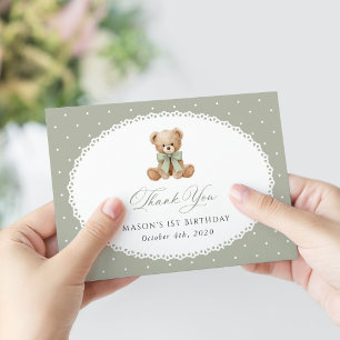 Teddy Bear, Bow, Green Polka Dots, First Birthday Thank You Card