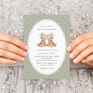Teddy Bear, Bow, Green Polka Dots, Gender Reveal Invitation