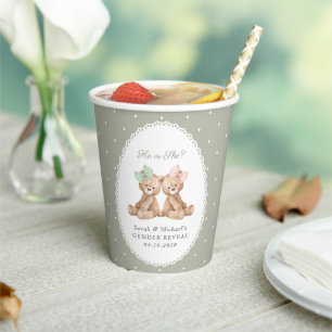 Teddy Bear, Bow, Green Polka Dots, Gender Reveal Paper Cups