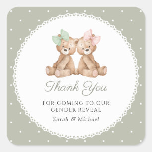 Teddy Bear, Bow, Green Polka Dots, Gender Reveal Square Sticker