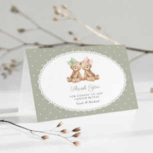 Teddy Bear, Bow, Green Polka Dots, Gender Reveal Thank You Card