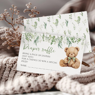 Teddy Bear Bow Greenery Baby Shower Diaper Raffle Enclosure Card