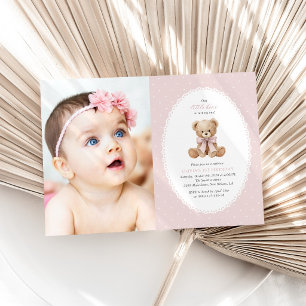 Teddy Bear, Bow, Pink Polka Dots, First Birthday Invitation