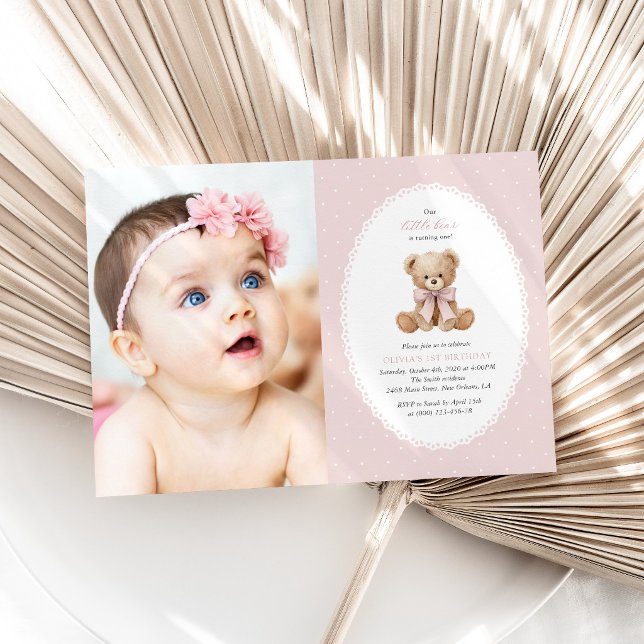 Teddy Bear, Bow, Pink Polka Dots, First Birthday Invitation (Creator Uploaded)