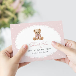 Teddy Bear, Bow, Pink Polka Dots, First Birthday Thank You Card