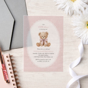 Teddy Bear, Bow, Pink Polka Dots, First Birthday Vellum Invitations