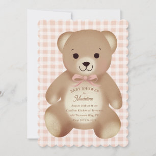 Teddy Bear Bow Stuffy Gingham Aged Pink Invitation