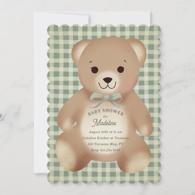 Teddy Bear Bow Stuffy Gingham Antique Sage Invitation (Front)