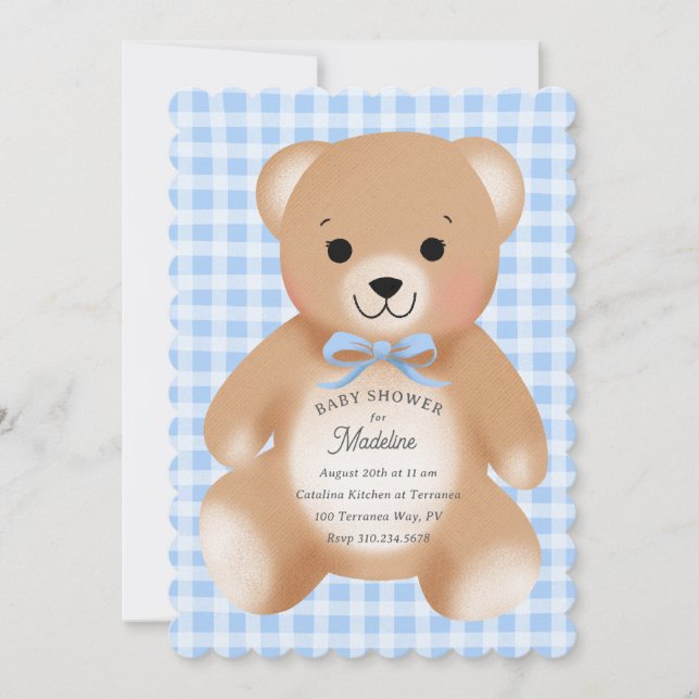 Teddy Bear Bow Stuffy Gingham Blue Invitation (Front)