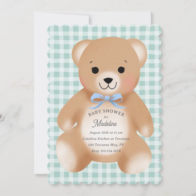 Teddy Bear Bow Stuffy Gingham Blue Sage Invitation (Front)