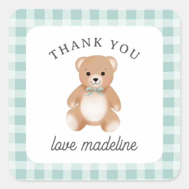 Teddy Bear Bow Stuffy Gingham Sage Baby Shower Square Sticker (Front)