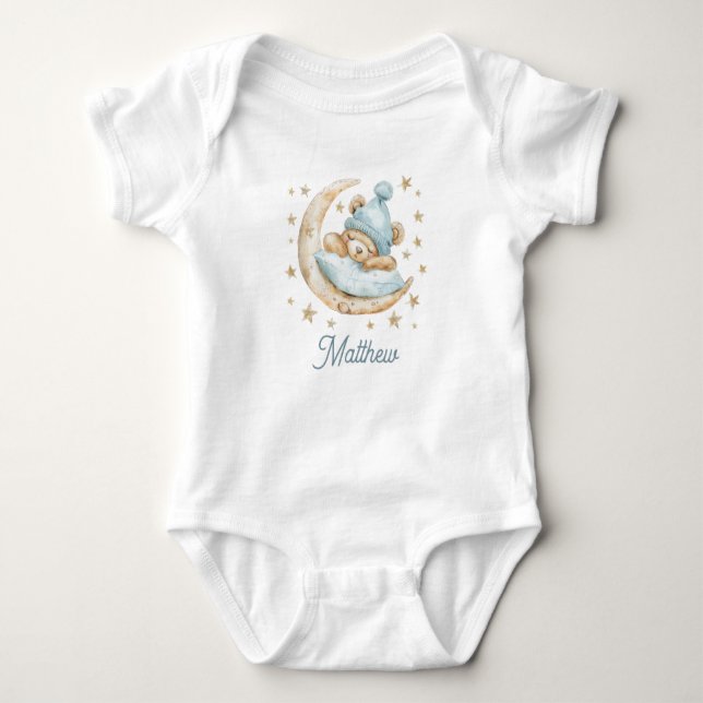 Teddy Bear Boy Baby Moon Stars Name Blue Bodysuit (Front)